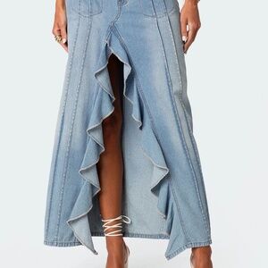 Editked Valencia Ruffle Slit Front Denim Maxi Skirt